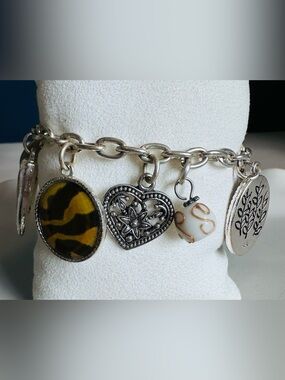 AAi Brighton Silver Tone Heart  & Animal Print charms Toggle Bracelet